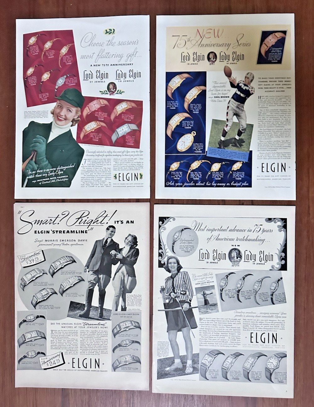 4 Elgin 1939 Lady & Lord Elgin Watch Print Ads